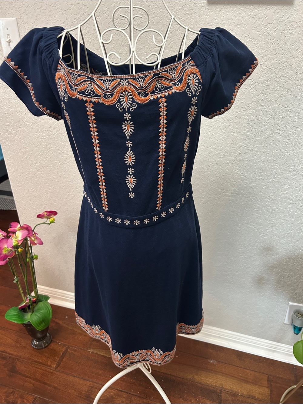 Embroidered Navy Off-Shoulder Dress with Orange Accents by Tory Burch
Small